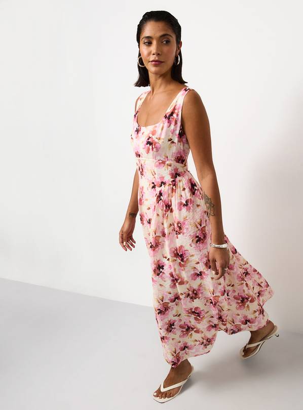 Pink Blurred Floral Print Ruffle Waisted Dress 14
